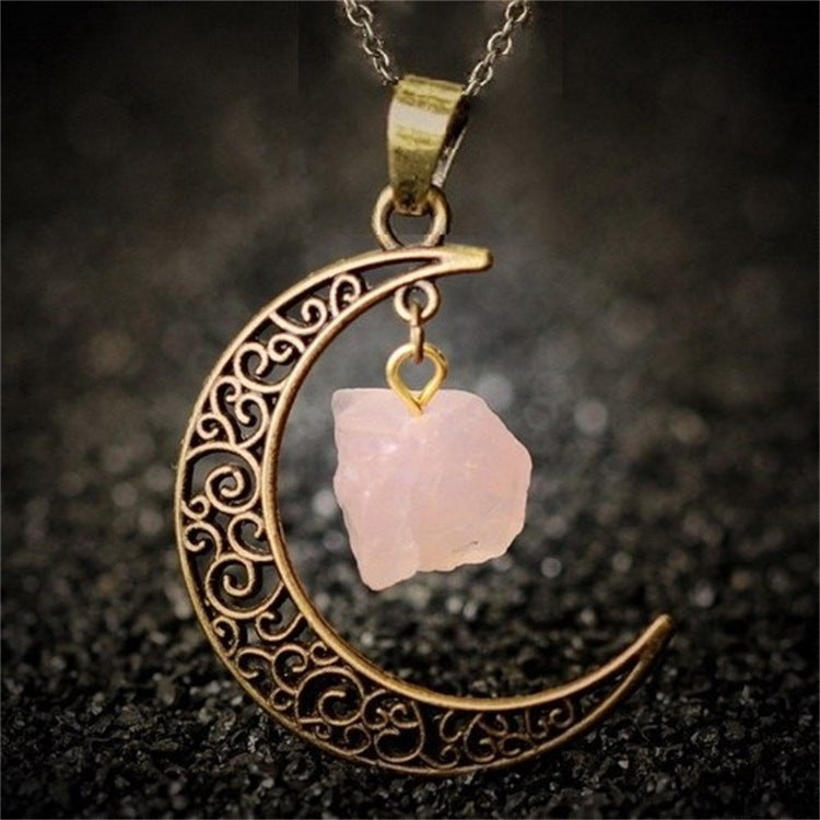 Selene's Crescent Crystal Necklace — Burnished Gold with Rose Quartz