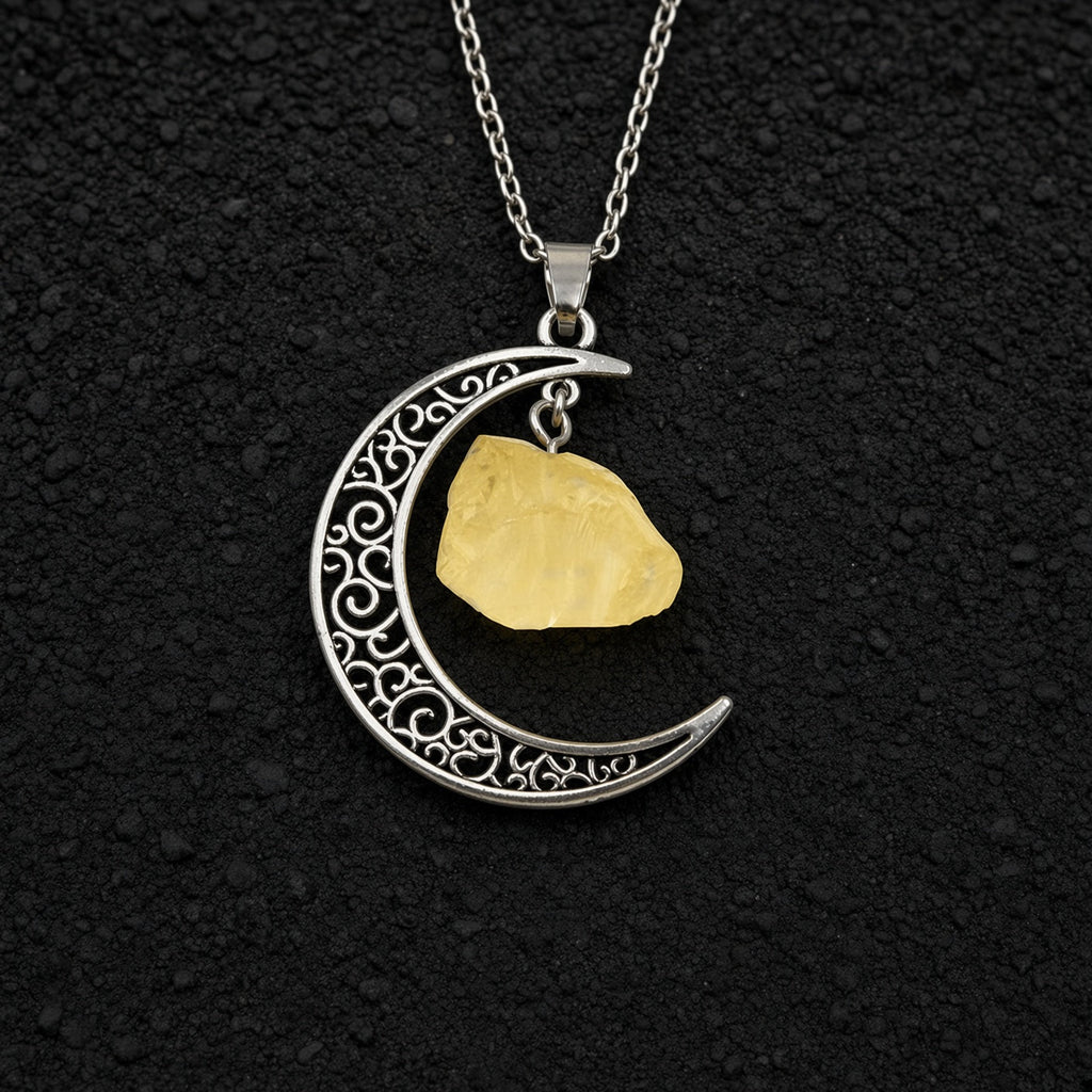 Selene's Crescent Crystal Necklace — Antique Silver with Citrine