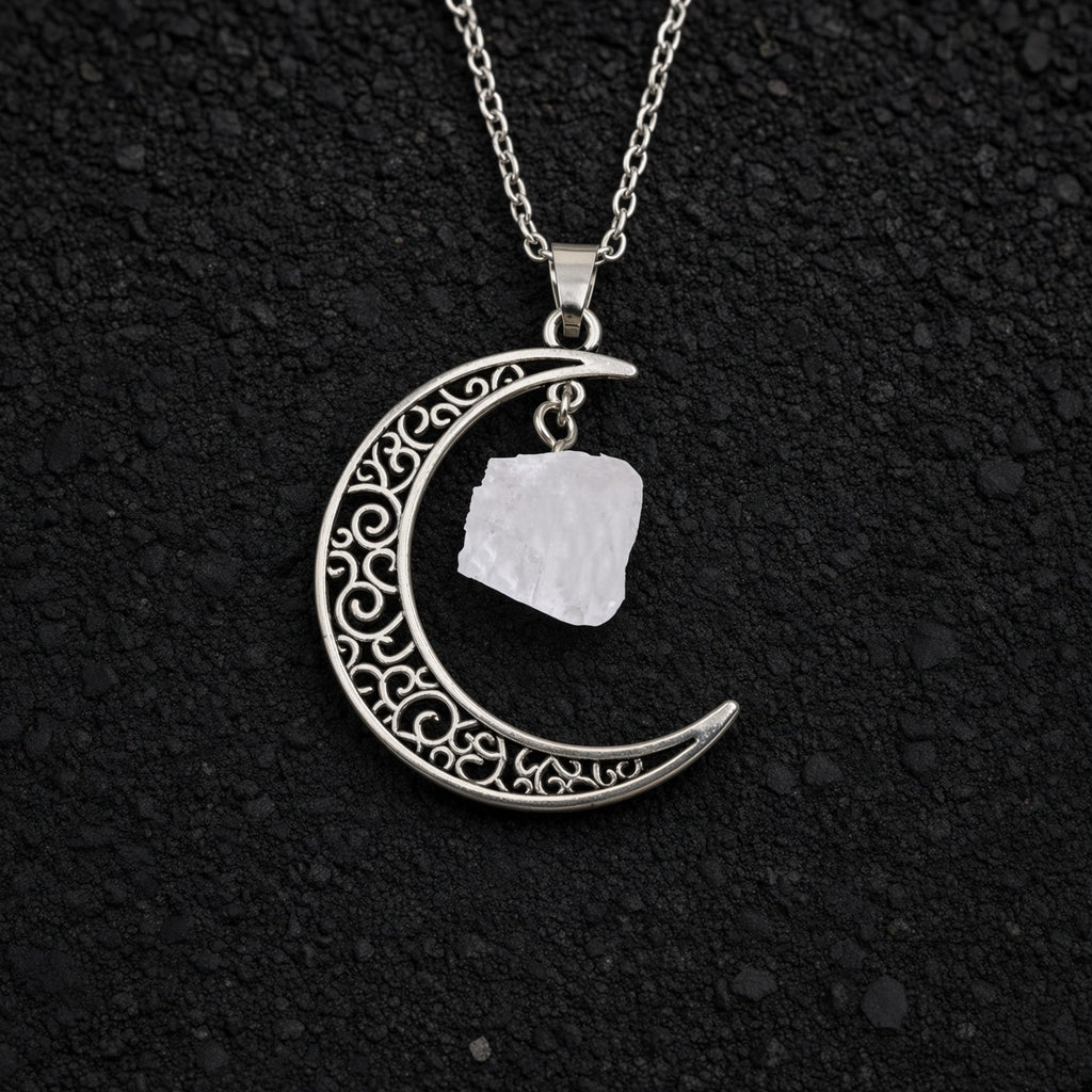 Selene's Crescent Crystal Necklace — Antique Silver with Clear Quartz