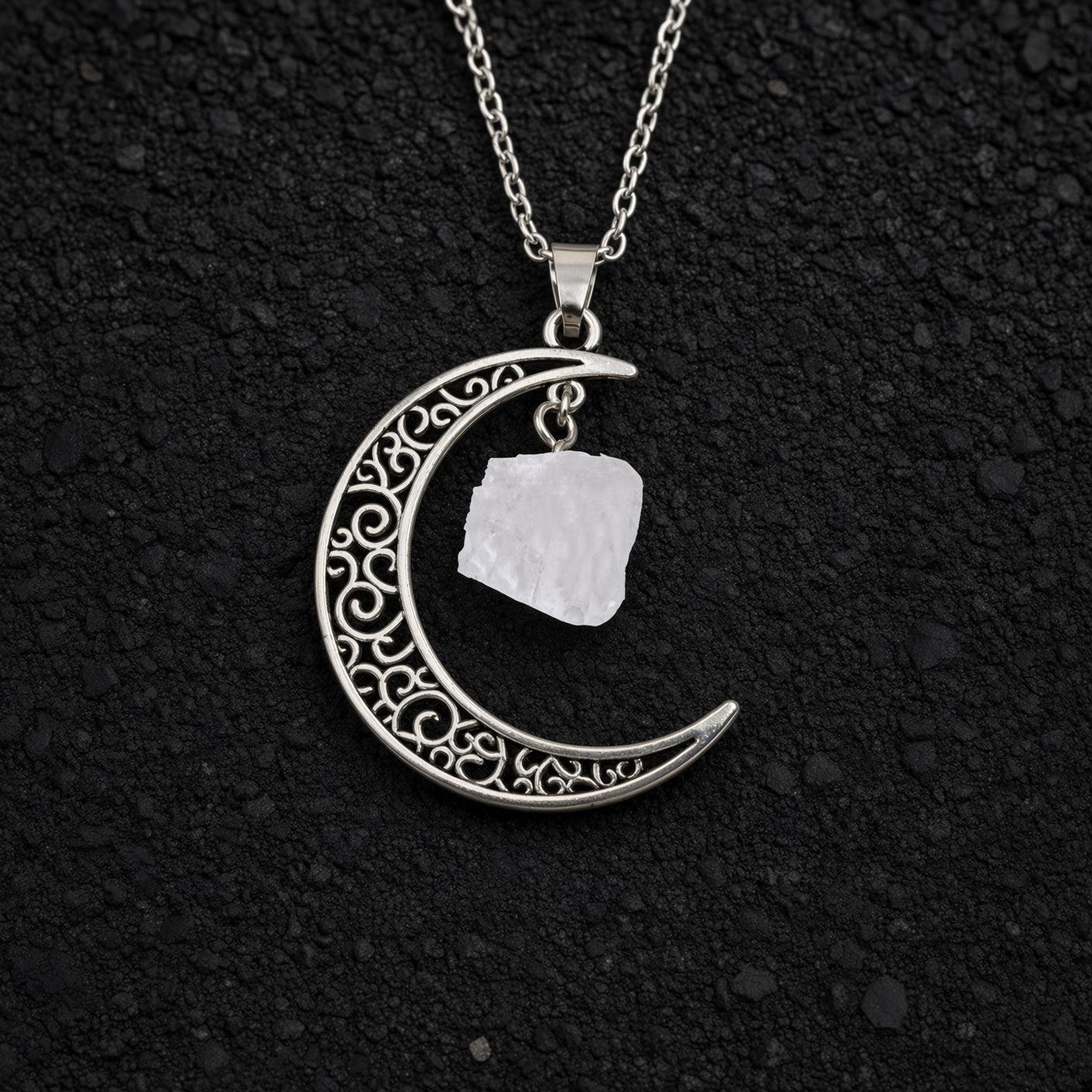 Selene's Crescent Crystal Necklace — Antique Silver with Clear Quartz