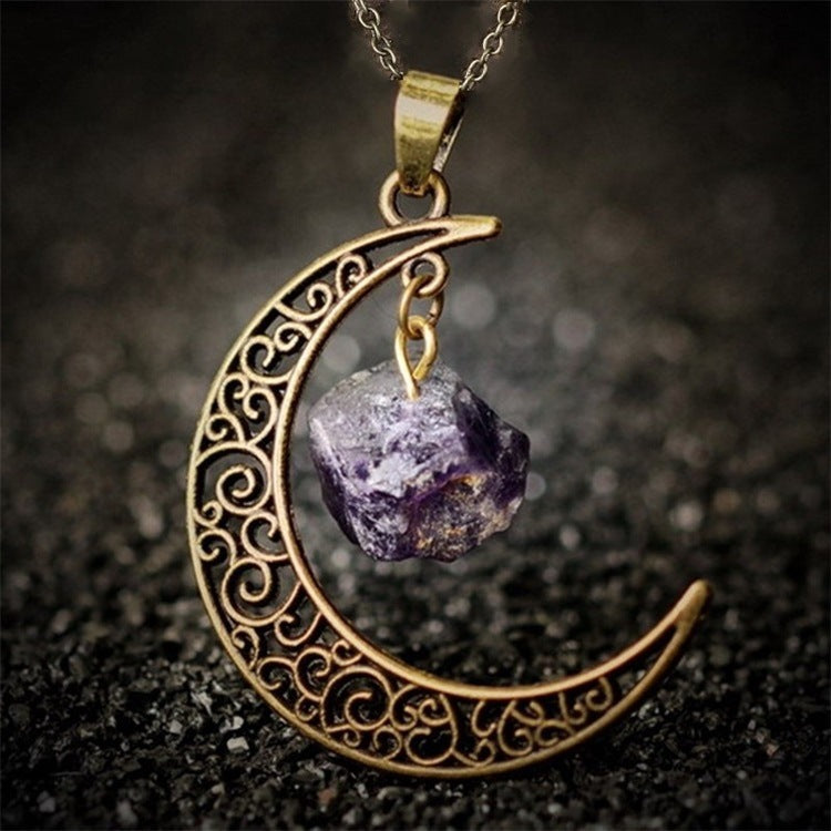 Selene's Crescent Crystal Necklace — Burnished Gold with Amethyst