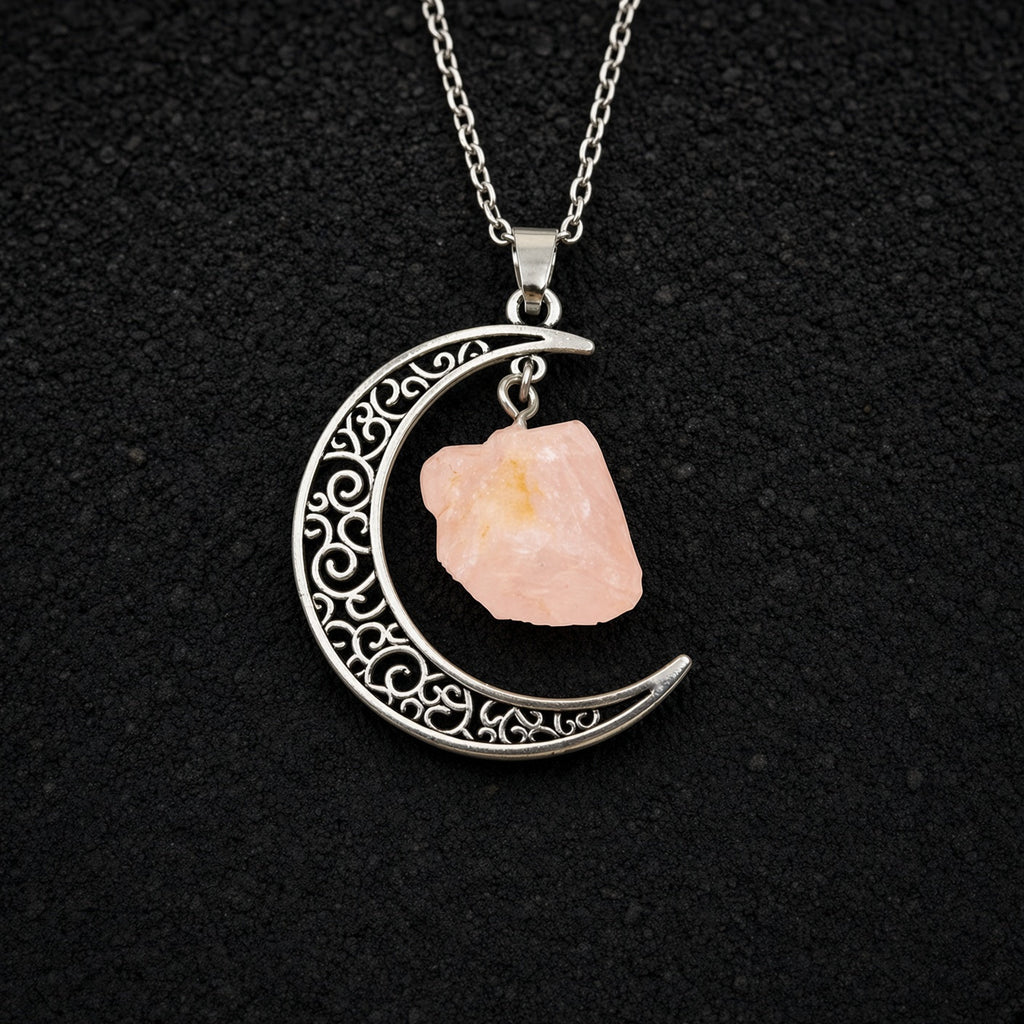Selene's Crescent Crystal Necklace — Antique Silver with Rose Quartz