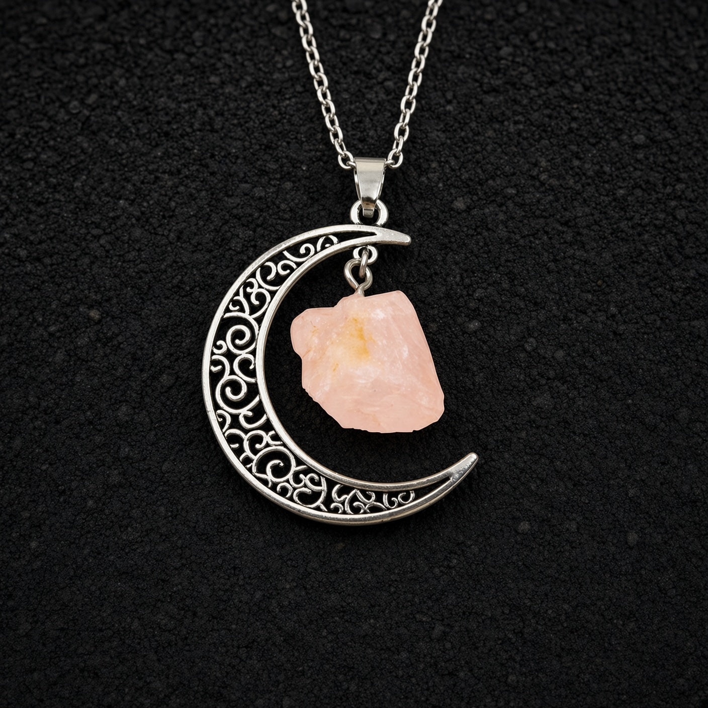 Selene's Crescent Crystal Necklace — Antique Silver with Rose Quartz