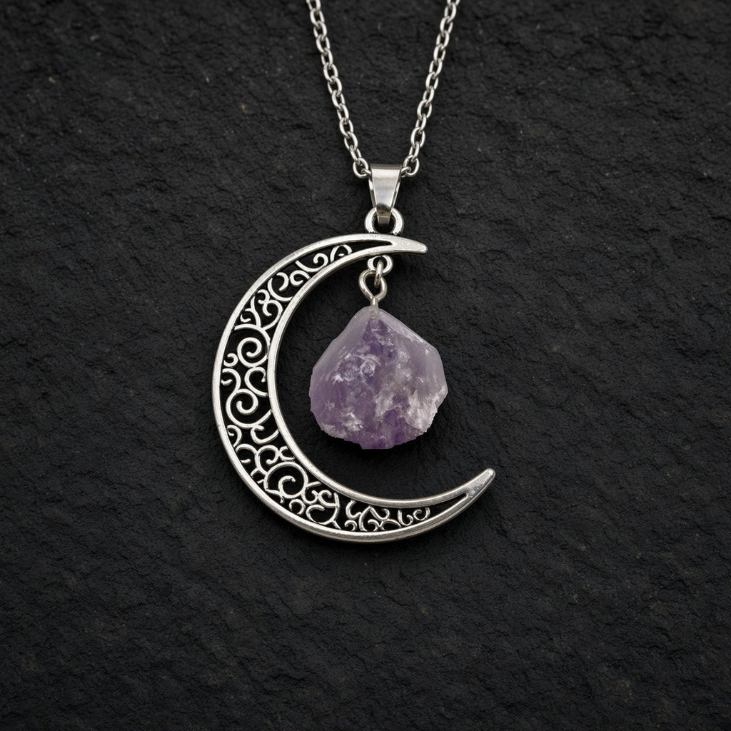 Selene's Crescent Crystal Necklace — Antique Silver with Amethyst