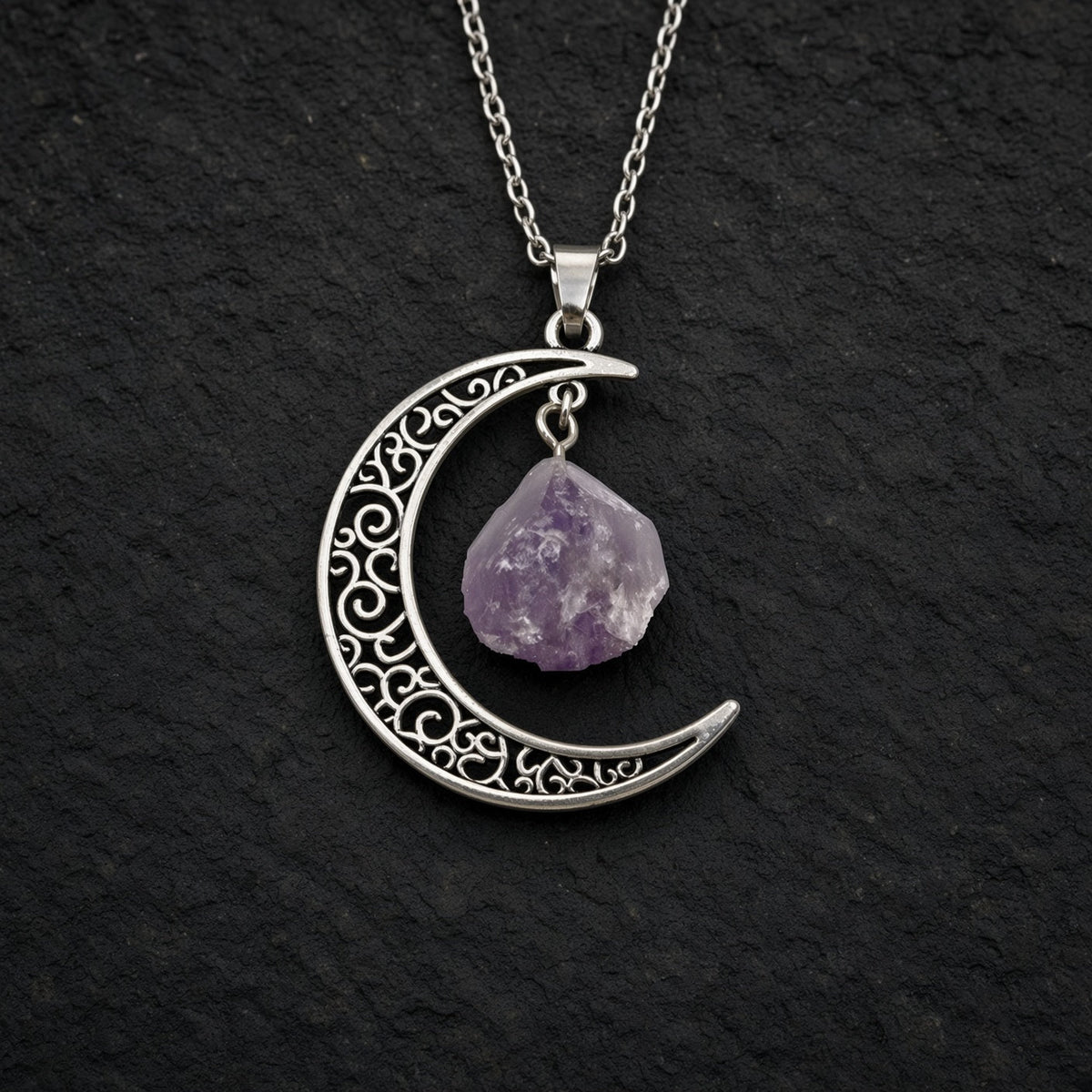 Selene's Crescent Crystal Necklace — Antique Silver with Amethyst