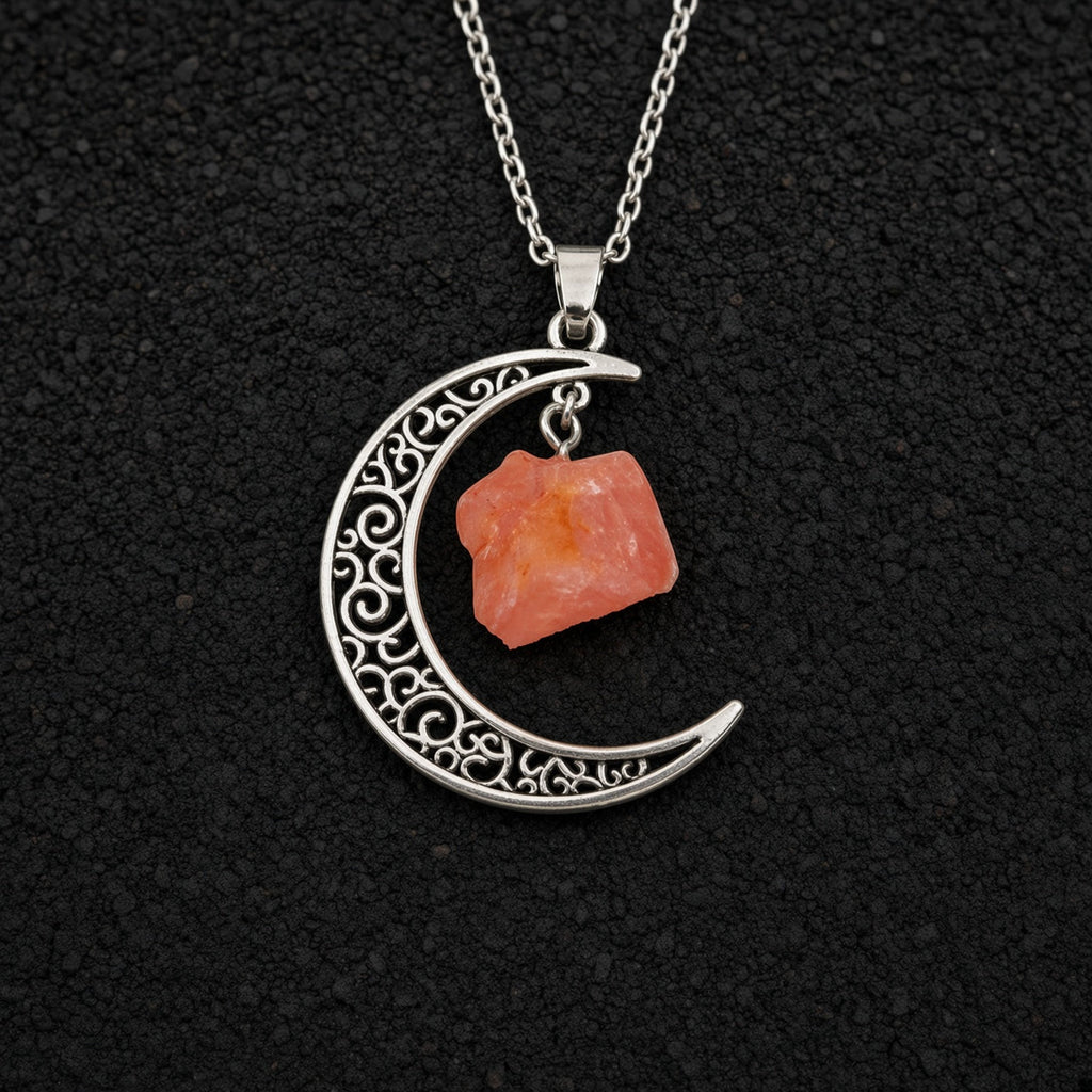 Selene's Crescent Crystal Necklace — Antique Silver with Carnelian