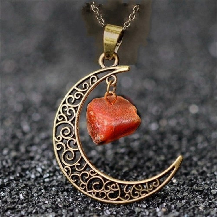 Selene's Crescent Crystal Necklace — Burnished Gold with Carnelian