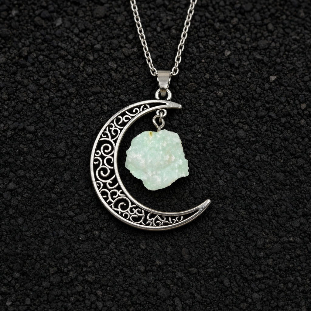 Selene's Crescent Crystal Necklace — Antique Silver with Prehnite